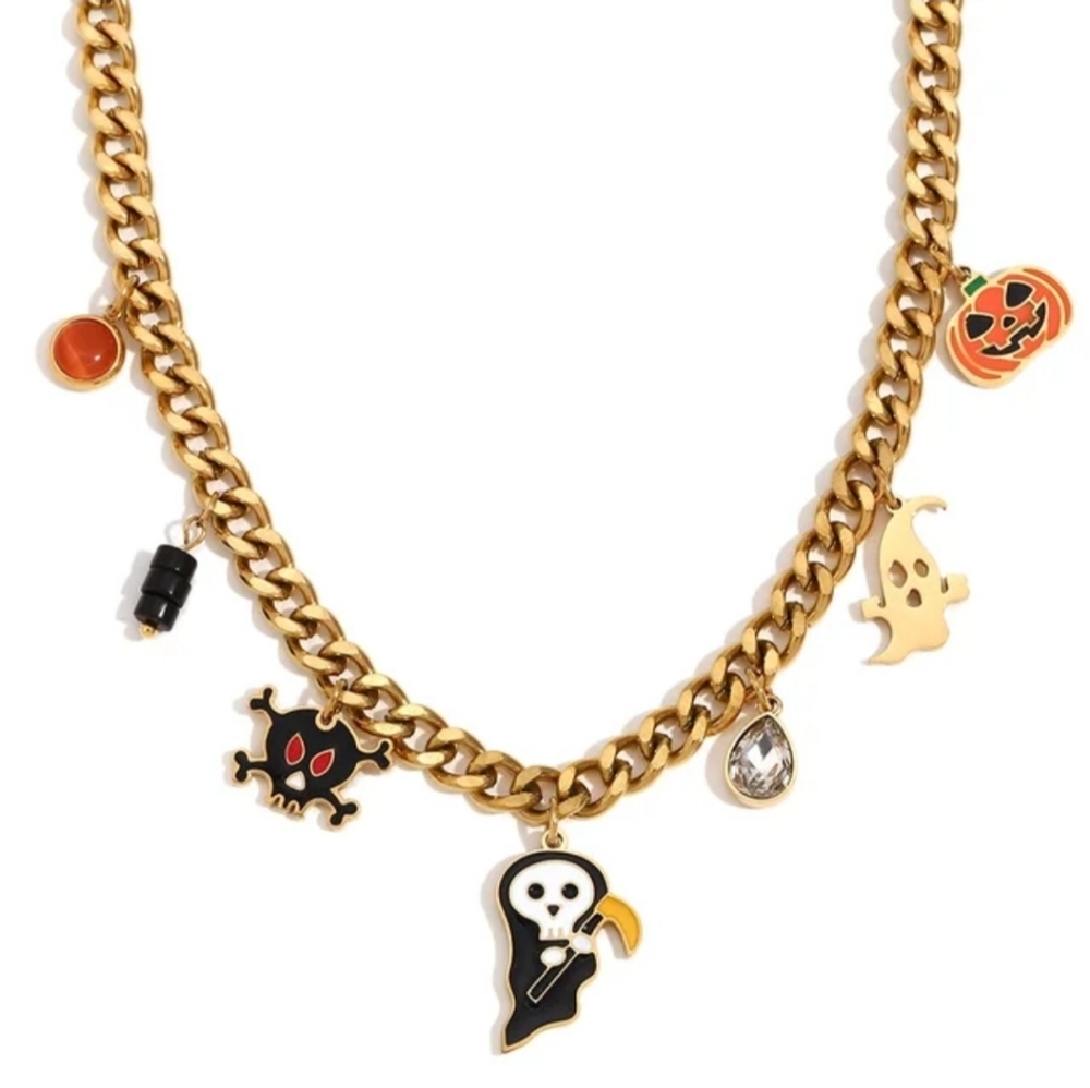 Chic 18K Gold Plated Halloween Charm Necklace With Ghost, Pumpkin & Skull